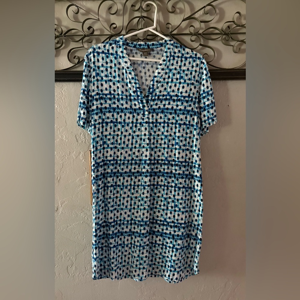 Tommy Bahama Blue & White Dot Print V-Neck Short Sleeve Tunic Dress